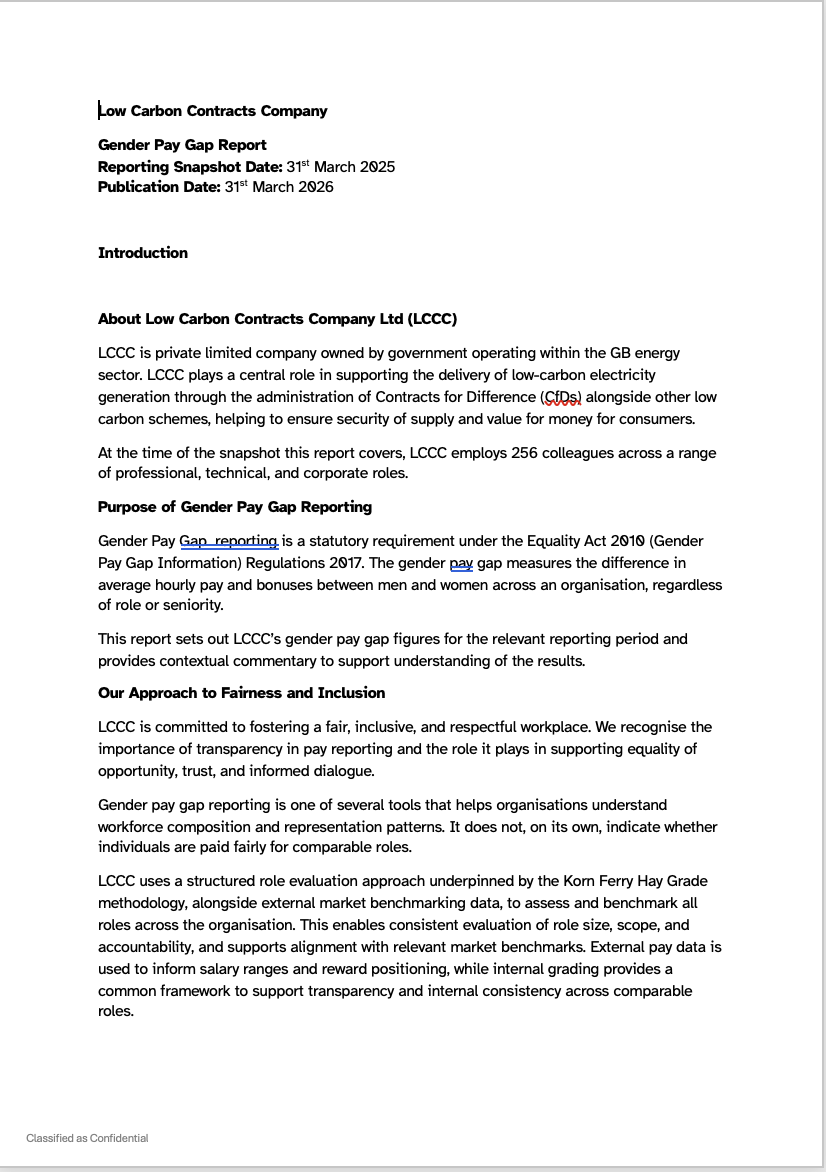 Screenshot of the first page of LCCC’s Gender Pay Gap Report showing the title, dates, and introductory text about the organisation and purpose of the report.