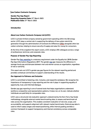 Screenshot of the first page of LCCC’s Gender Pay Gap Report showing the title, dates, and introductory text about the organisation and purpose of the report.