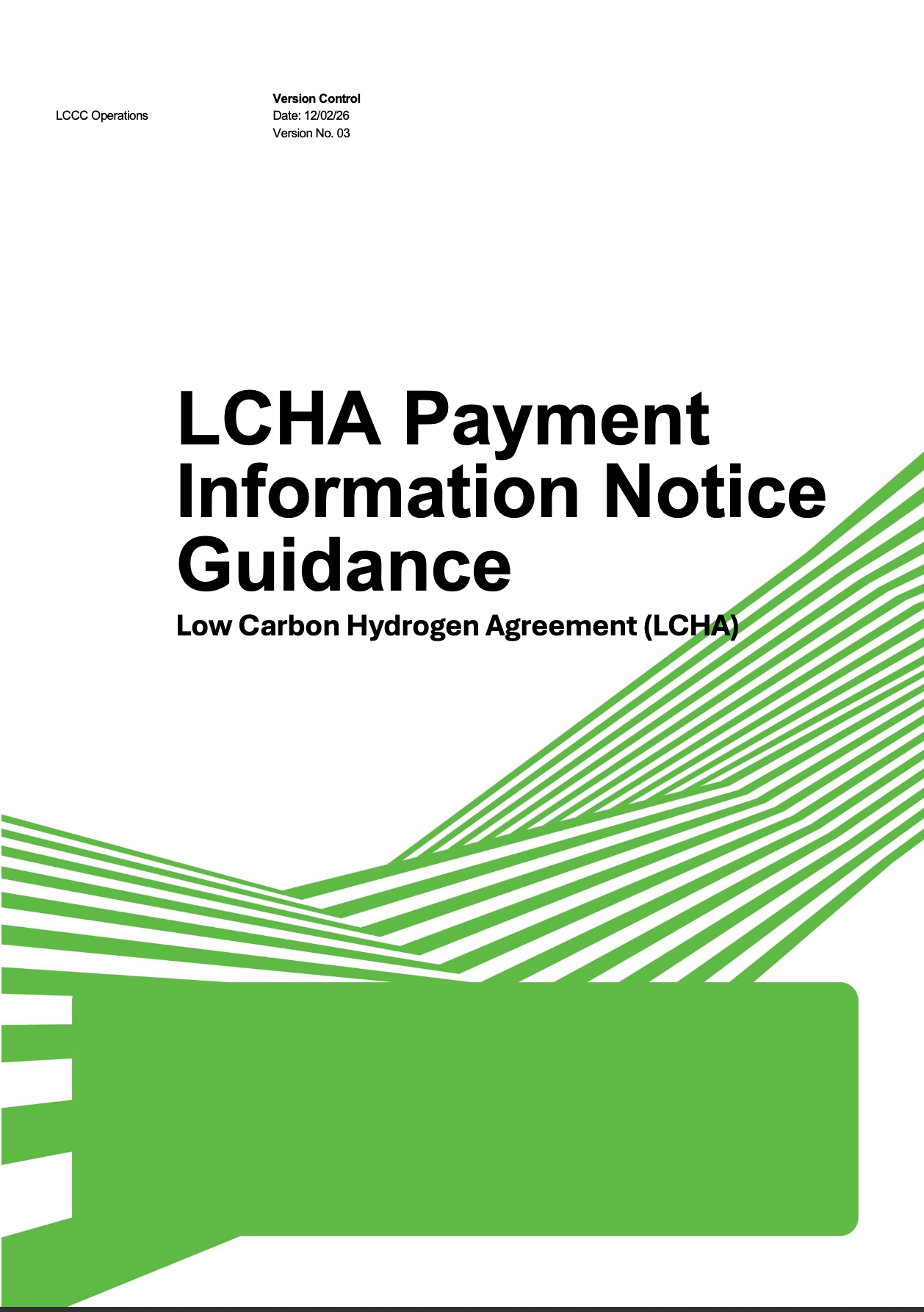 A document cover, in LCCC branding, which says LCHA Payment Information Notice Guidance Low Carbon Hydrogen Agreement (LCHA).